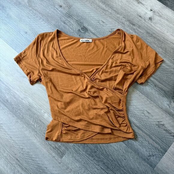 Deep V Surplice Crop Top Medium Amber Caramel Going Out - Picture 2 of 10